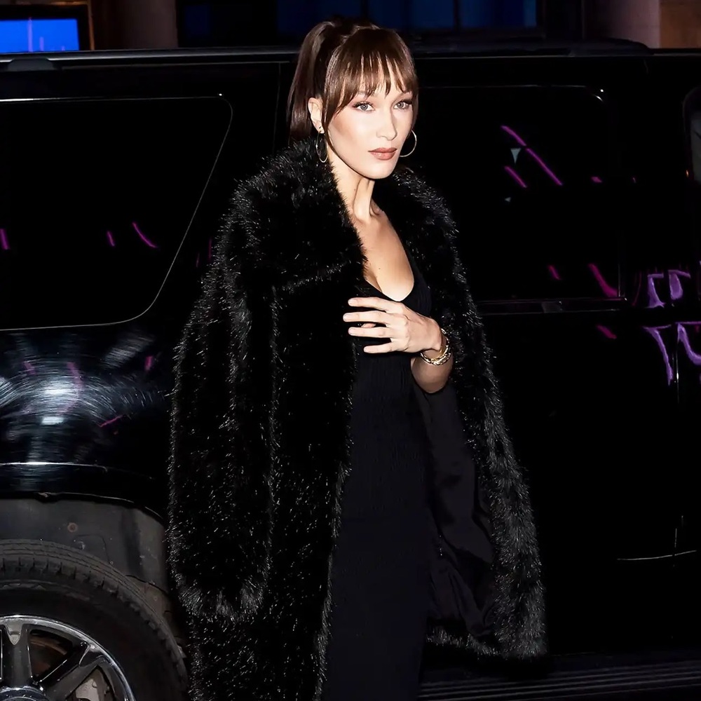 Black Elegant Midi Fur Coat